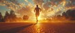 © GoDress - A man runs towards the sun during a golden sunset on a dirt track.