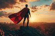 © Vovmar - Man in hero suit and cape on top of mountain, concept of protection and success. Generated by artificial intelligence