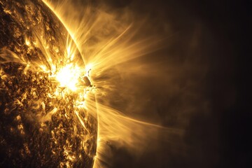 Poster - A vibrant solar flare extends from the surface of a star, showcasing the powerful and awe-inspiring natural phenomenon of energy release in the solar system.