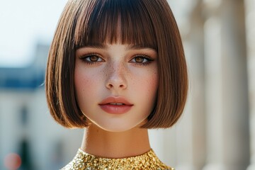 Poster - Stylish woman with short brown hair and freckles