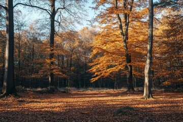 Poster - In this peaceful forest scene, sunlight casts long shadows over the fallen leaves, highlighting the beauty of the autumn season, making for a tranquil landscape image.