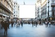© ChaoticMind - A large blank billboard stands prominently in a bustling city square, surrounded by historic buildings and numerous pedestrians enjoying the sunny day.