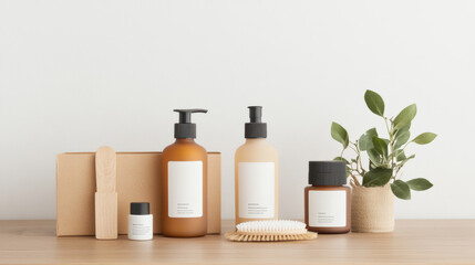 Aesthetic display of skincare products on wooden surface, featuring bottles, brush, and plant. minimalist design emphasizes natural beauty and self care