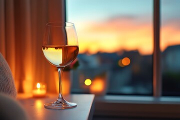 Aufkleber - A wine glass sits on a table, with a beautiful sunset visible through the window, creating a warm and cozy ambiance perfect for relaxation and reflection.