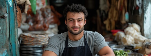 Canvas Print - Man is smiling and standing in front of a table with a lot of food. cook from Pakistan sits at the table, there are manti in front of the dinma