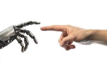 Aufkleber - A robotic hand extends towards a human finger in a minimalist white space, symbolizing the connection between humans and technology in a futuristic context.