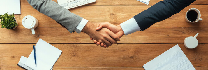 Successful business partnership handshake over wooden table, surrounded by documents, coffee cups, and small plant, symbolizing collaboration and agreement