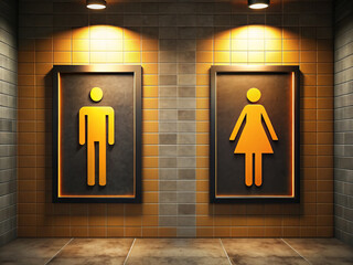 Modern bathroom signs featuring male and female icons in stylish setting, illuminated by warm lighting. design emphasizes clarity and accessibility in public restrooms