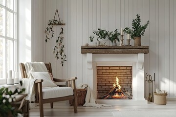 Modern living room interior with fireplace and armchair.