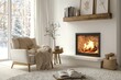 © ffunn - Modern living room interior with fireplace and armchair