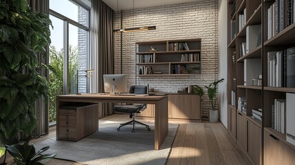 modern home office interior with a white brick wall mock-up and a wooden desk near a bookcase shelf in the background. Home work space design concept