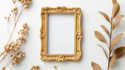 Ornate gold wedding frame with intricate floral details, surrounded by dried flowers and leaves, creating an elegant and sophisticated display