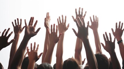 Abstract picture hands lifted upwards by individuals within a large gathering of people standing in unity group. Community raising arm celebrate in musical festival or join protesting activism. AIG53.