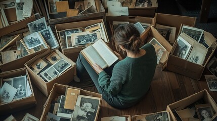 Poster - Sorting Through Family Memories, A woman sits on the floor surrounded by open boxes filled with old photographs and albums. She holds a book in her hands, absorbed in reminiscing about the past.  
