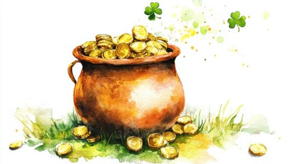 A pot overflowing with gold coins sits on green grass under a bright sky, conveying prosperity and fortune in a whimsical illustration