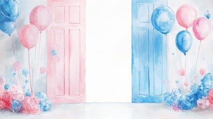 A vibrant celebration backdrop featuring pink and blue doors surrounded by colorful balloons and flowers for a gender reveal party