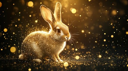 Sparkling year of the rabbit text made from golden firework effects on a black holiday banner background