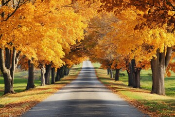 Poster - This image shows a country road beautifully lined with vibrant autumn trees showcasing bright orange and yellow foliage, creating a picturesque rural landscape.