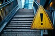 © ChaoticMind - The image captures a yellow caution sign with an exclamation mark positioned at the bottom of a set of stone stairs, suggesting potential danger or caution for passersby.