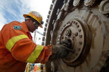 Fototapete - A committed worker in vibrant safety attire focuses intently on repairing complex machinery aboard an oil rig, epitomizing dedication and industrial precision.