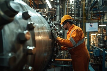 Fototapete - A worker in safety gear inspects a large metallic cylindrical machine in an industrial setting, emphasizing safety, precision, and technology in the workplace.
