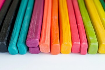 Poster - An array of bright and colorful candy sticks are neatly aligned, showcasing a vibrant spectrum of colors and enticing textures on a neutral background.