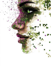 Poster - a vibrant digital portrait with scattered pixels, blending vibrant greens and purples, symbolizing t