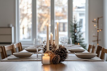 Wall Mural - A beautifully set dining table features tall white candles, pinecones, wine glasses, and plates, creating a cozy and inviting atmosphere in a well-lit room.