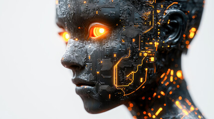 Poster - A dark cyber figure with intensely glowing fiery eyes, juxtaposing technological aesthetics with a mysterious human presence.