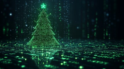 Neon green binary code Christmas tree glowing in a dark digital setting for the holidays