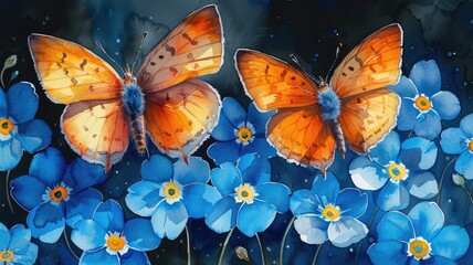 Picture of beautiful orange butterfly fly around blue fresh flower. Natural biology life between insect and floral plant. Arrangement of moth and blossom convey sense of romantic relationship. AIG53.