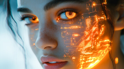 Poster - A closeup of a woman's face with glowing tech patterns, blending human features and digital augmentation seamlessly.