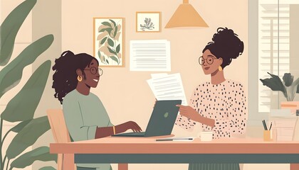 Poster - Two Black Women Working at a Desk in a Light-Filled Room