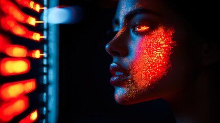 Poster - A futuristic portrait of a woman's face bathed in red luminescent patterns, symbolizing human-tech integration and modernity.
