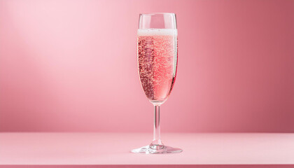 Carbonated drink in champagne glass on pink backdrop. Delicious alcoholic beverage.