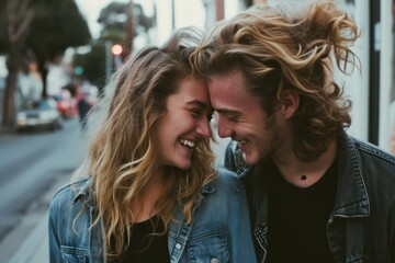 Wall Mural - Portrait of young couple in love walking in the city at sunset