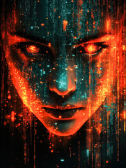 Poster - A neon face with blazing orange eyes, surrounded by digital data streams, capturing the essence of cybernetic awareness and intensity.