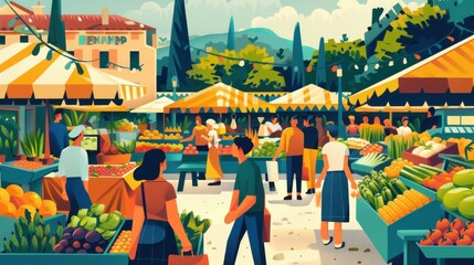 A painting of a market scene with people shopping for produce