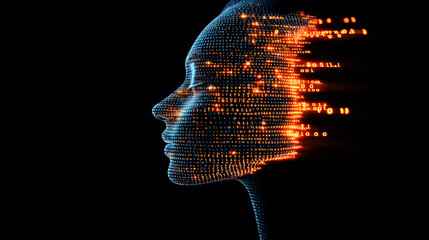 Poster - A side profile of a face is illustrated with binary code morphing into data elements, creating a futuristic technological portrait.