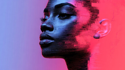Poster - An abstract illustration of a side profile in vibrant pixels, blending digital art and human emotion in a colorful spectrum.