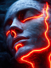 Poster - A face sculpture with electrifying orange lines creating dramatic contrasts, symbolizing the synergy between form and energy.