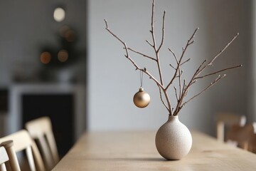 Poster - An elegant centerpiece of a bare branch featuring a golden ornament, set in a softly lit dining room, creating a mood of sophistication and quiet charm.