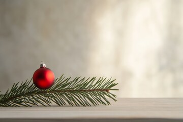 Poster - A focused close-up shot featuring a vibrant red bauble delicately placed on a lush pine branch, set against a softly lit backdrop that highlights holiday cheer.