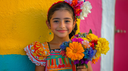 Young Latin American girl celebrates traditional festival with vibrant flowers against colorful background