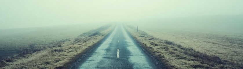 A serene, foggy road stretching into the distance, surrounded by tranquil fields, invoking a sense of mystery and solitude.