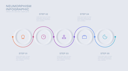 Poster - neomorphism design infographic, 5 step timeline illustration. minimal clean design with icons and a 