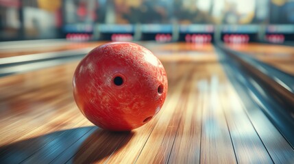 A red bowling ball sits on a wooden lane, ready to be thrown.