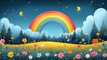 Wall Mural - night sky with rainbow, stars, moon and flowers in field.
