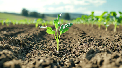 Young sprout emerging from rich soil amidst rows of crops under a bright sky on a sunny day in a vibrant farmland setting