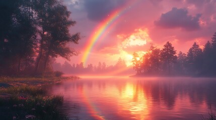 Canvas Print - Misty sunrise with a rainbow over a still lake and a forest in the background.